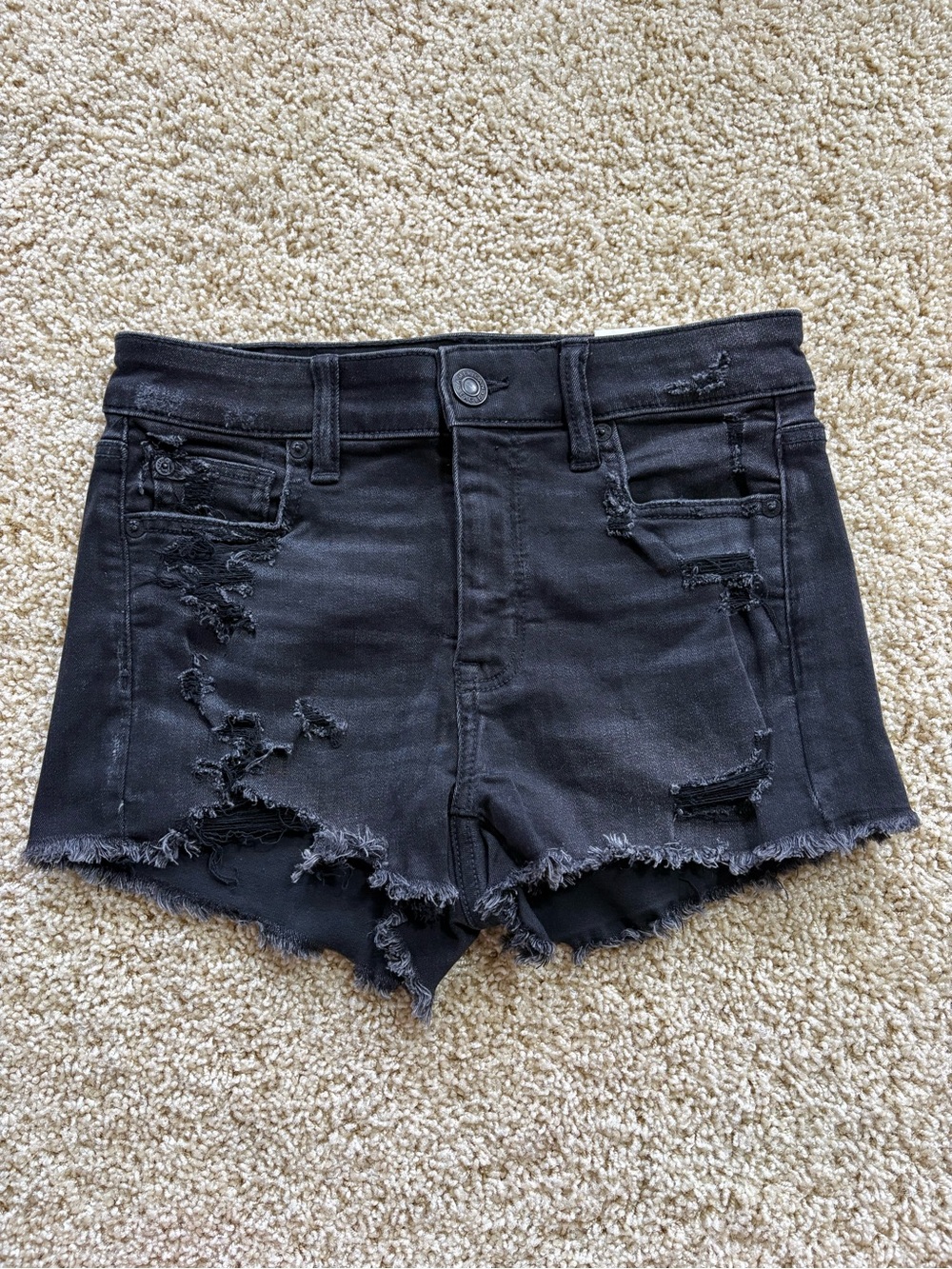 American Eagle Next Level Stretch Hi-Rise Shortie Shorts Size 4 27W Black Cutoff